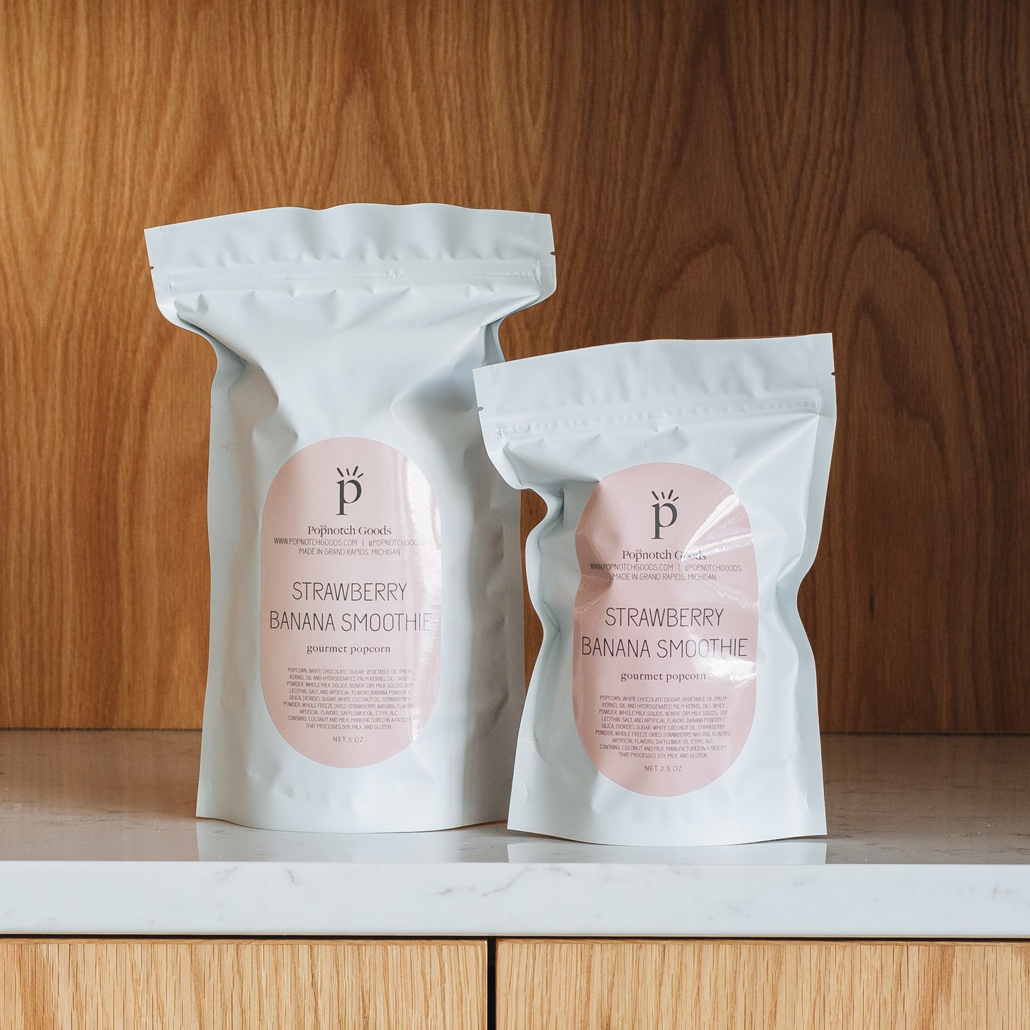 Our Large and small bag of a one of a kind popcorn creation, Strawberry Banana Smoothie.