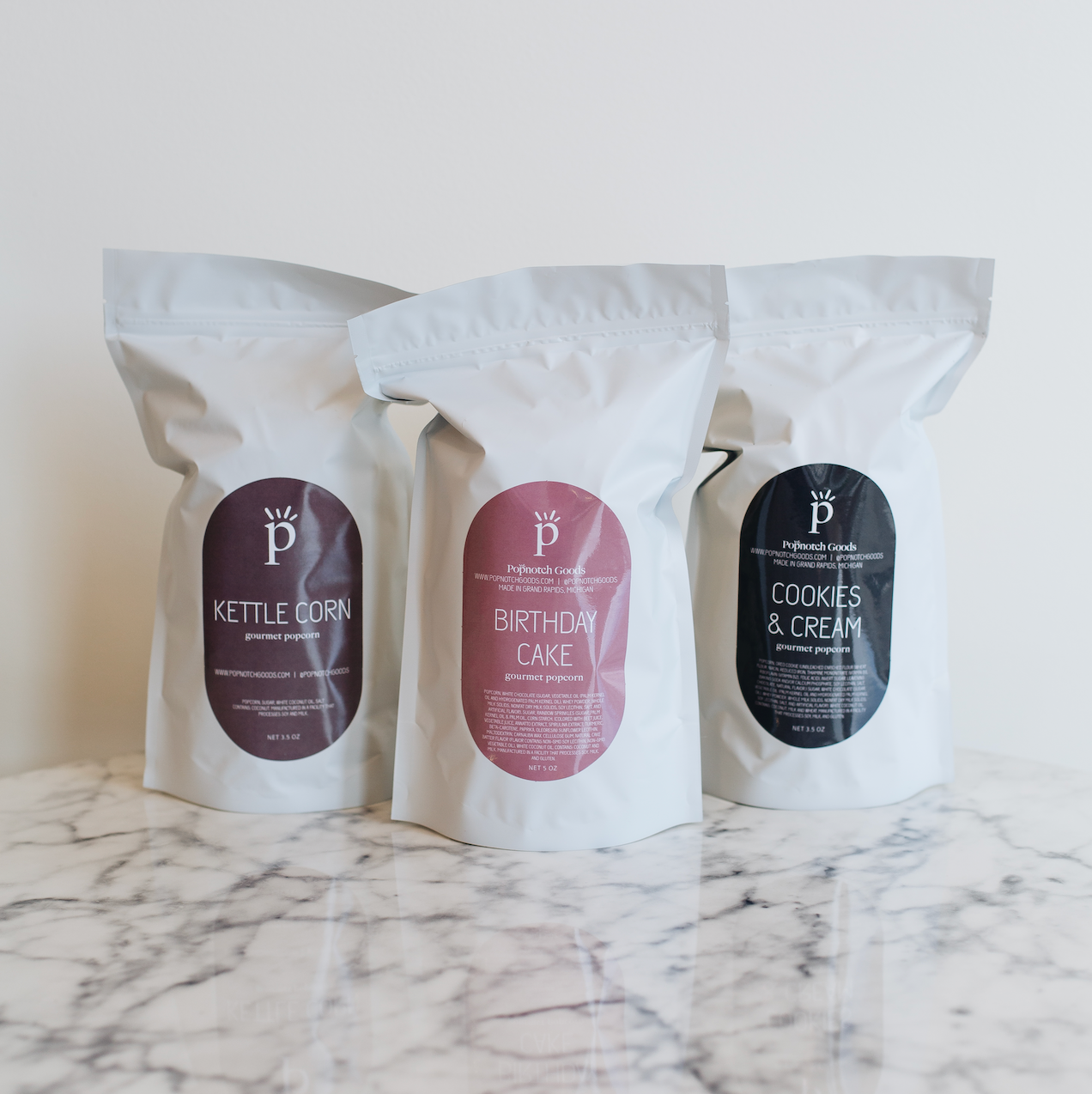 Sweet Treat Sampler Pack includes Kettle Corn, Birthday Cake popcorn, and Cookies and Cream popcorn. This sampler pack makes a great gift or eases decision making. Popnotch Goods is located in Grand Rapids Michigan on Wealthy Street. Grand Rapids Popcorn. 746 Wealthy Street SE Grand Rapids Michigan 49507.