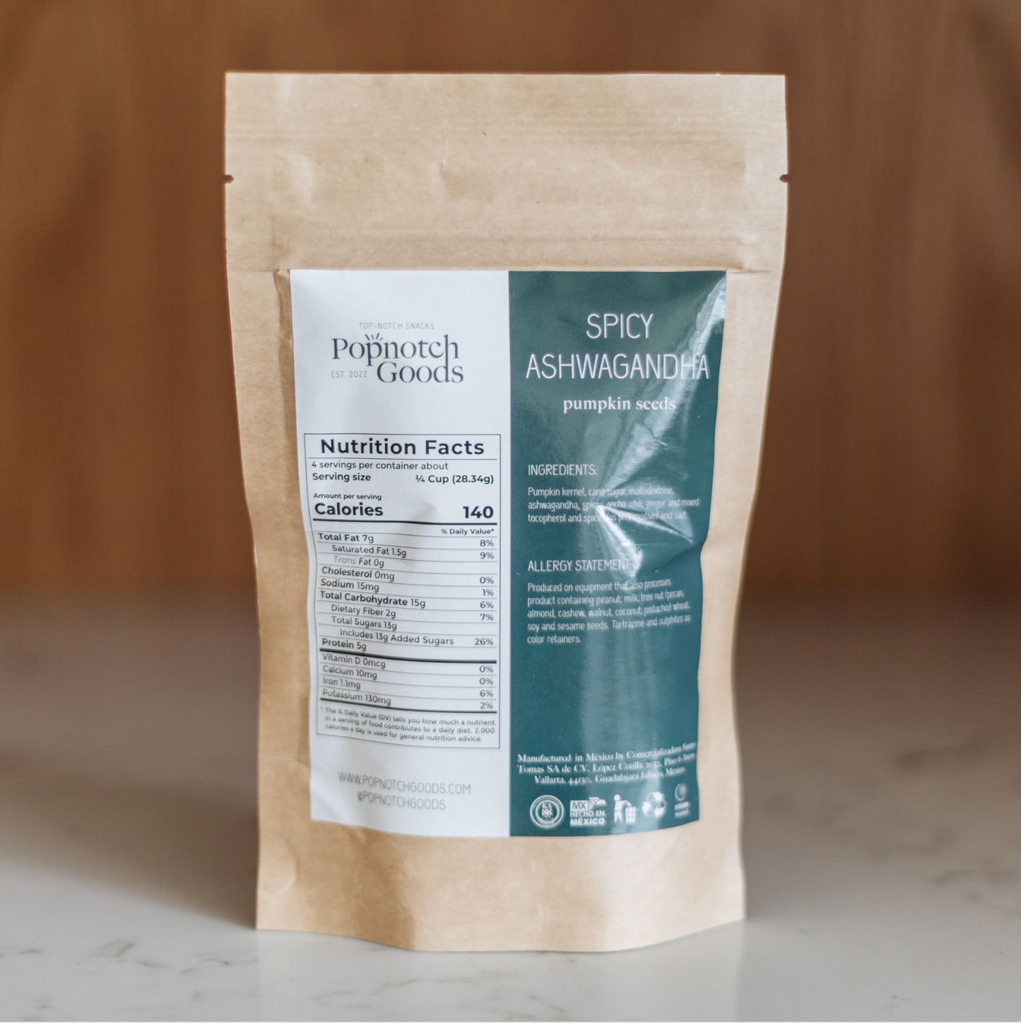 Our Spicy Ashwagandha pepita seeds deliver a uniquely sweet flavor! Snack on them or put them on your morning yogurt or your ice cream. You will not be disappointed. Order now online or stop in and grab one at Popnotch Goods! Featured is our Spicey Ashwagandha Bag (4oz)