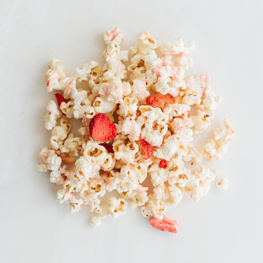 A one of a kind popcorn creation. Popnotch Goods uses real fruit ingredients to make this Strawberry Banana Smoothie flavor come alive